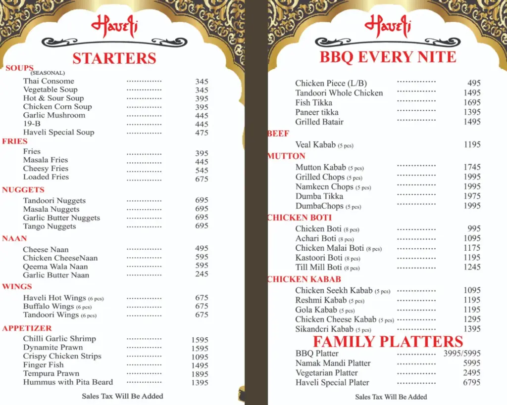 haveli restaurant starter menu and bbq