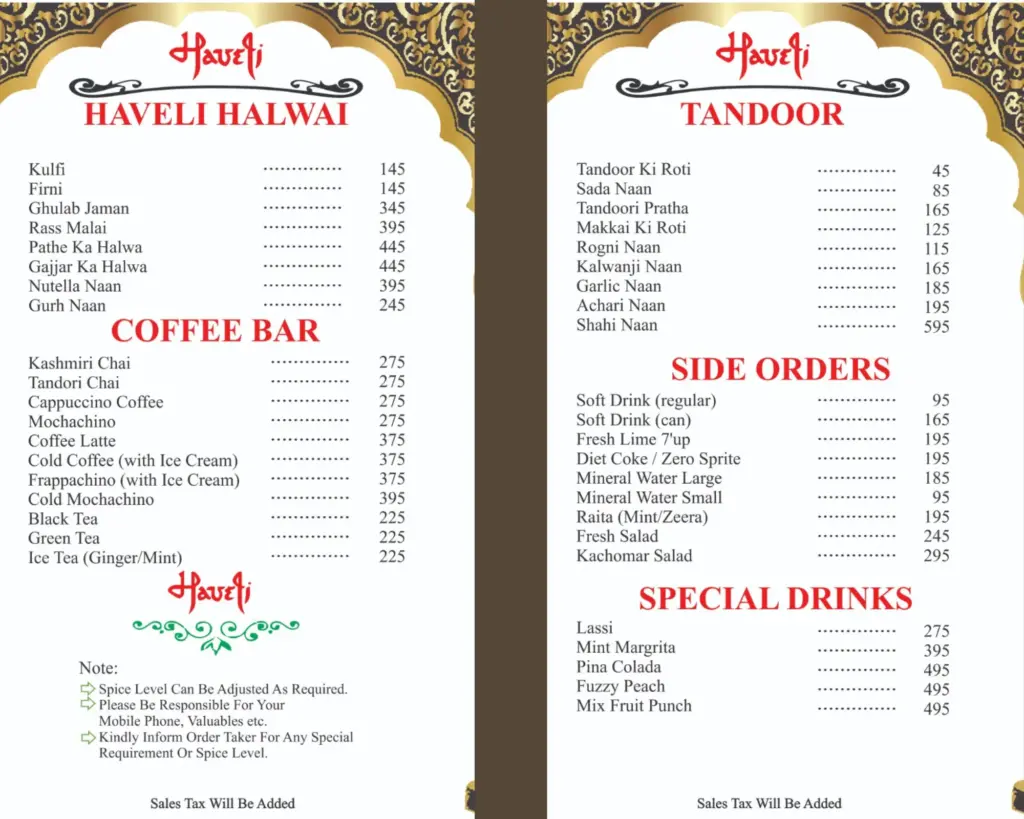 tandoor haveli halwai side orders cofee bar special diaries