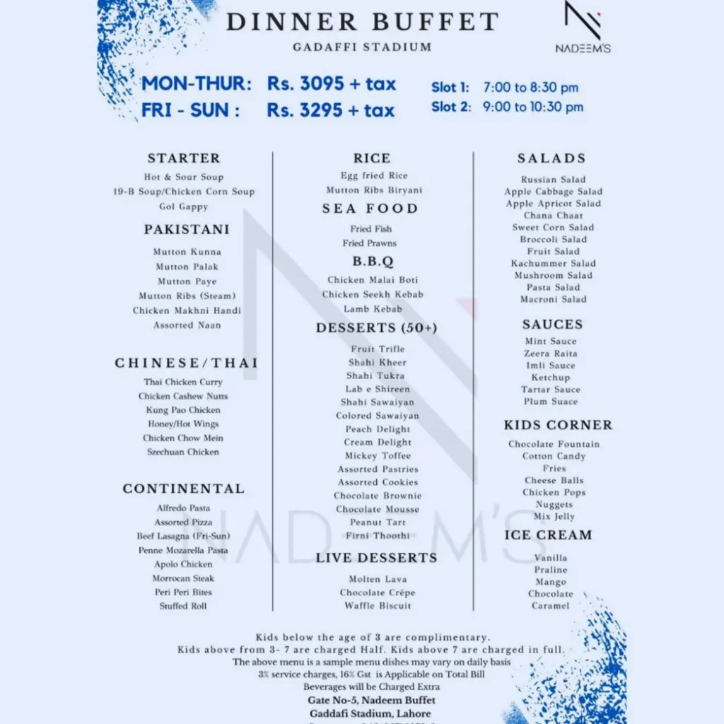 Nadeem Dinner Buffet Menu Price