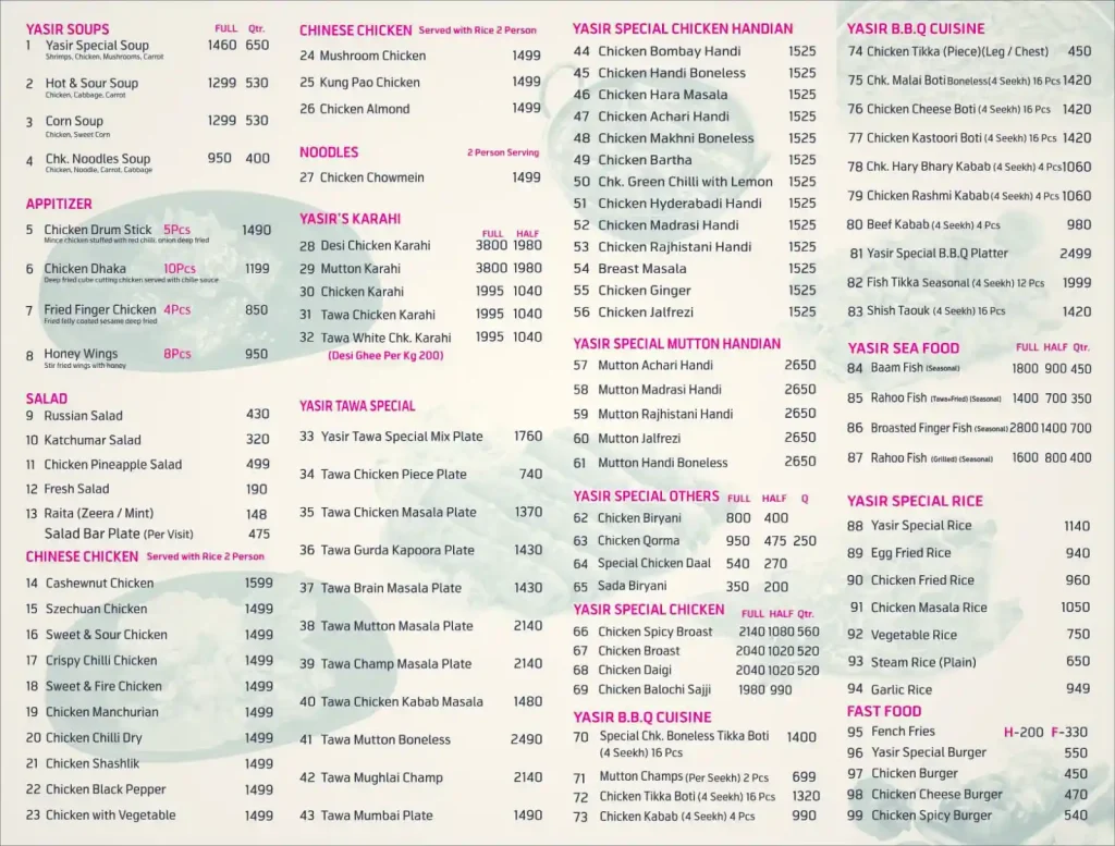 Yasir Broast Bahria Town Menu