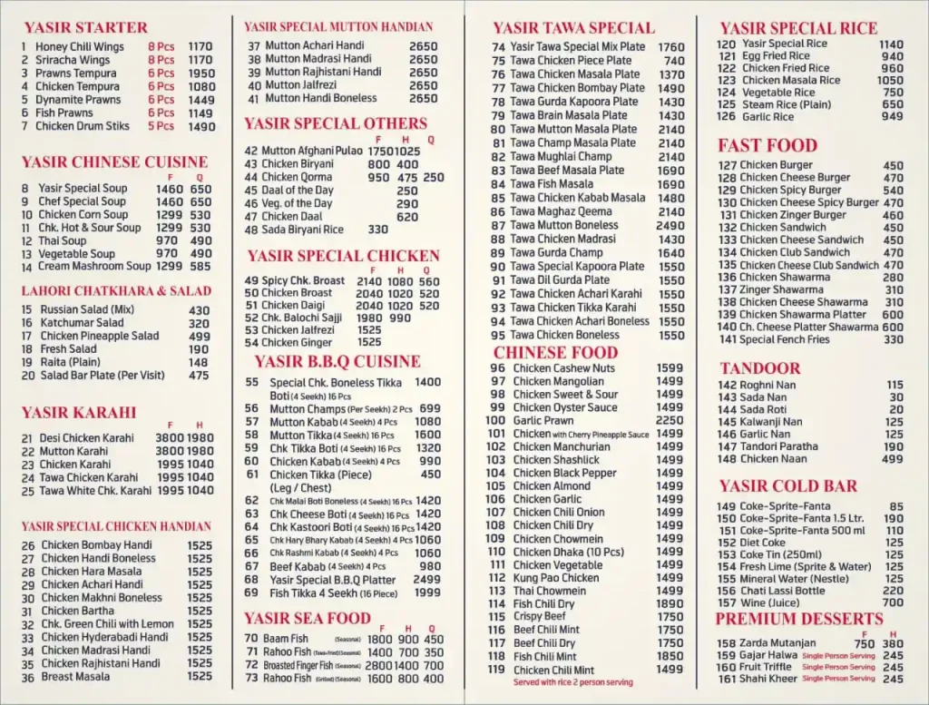 Yasir Broast iqbal Town menu