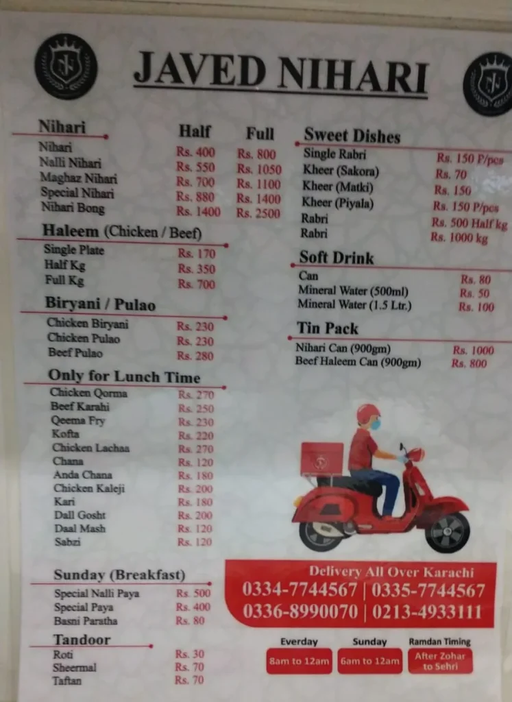 Javed Nihari Menu, all branches