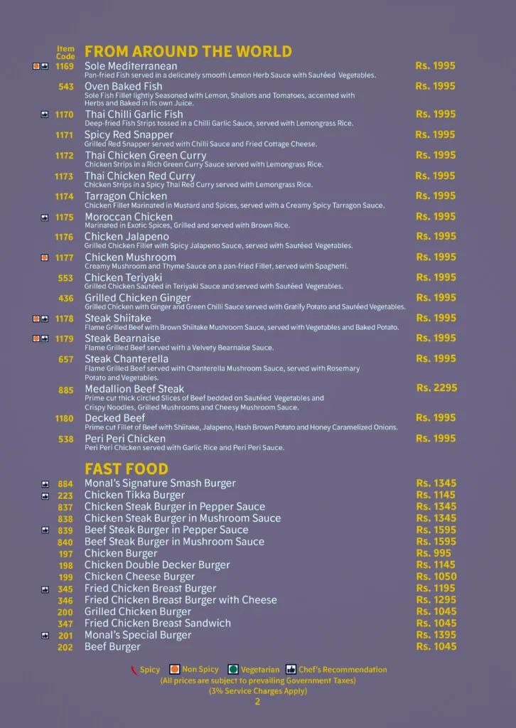 Monal Restaurant Menu Lahore 2