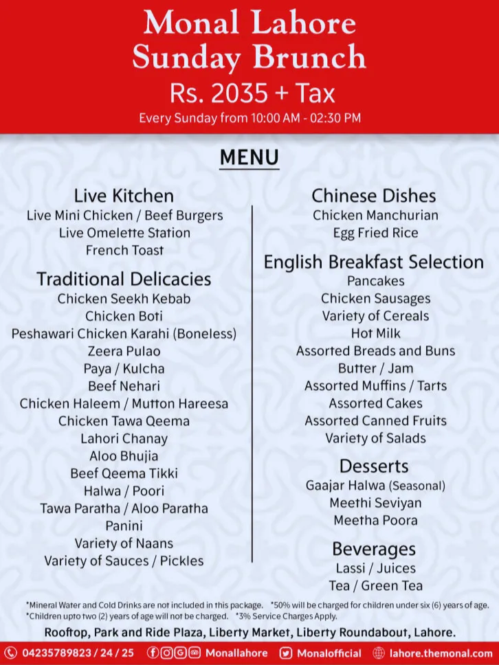 Monal Restaurant Menu Lahore brunch