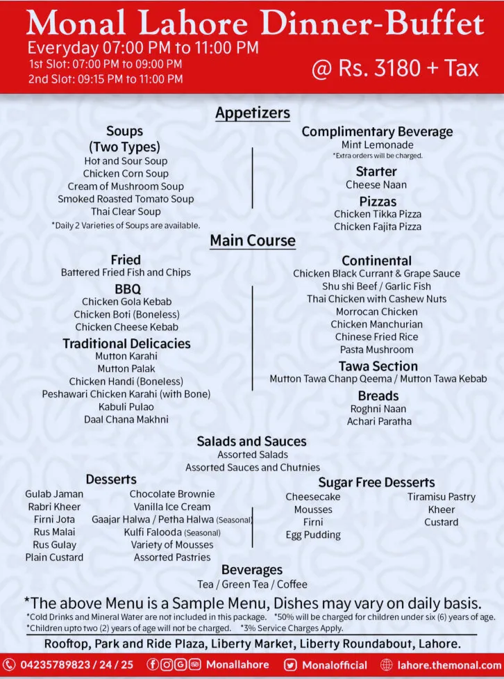Monal Restaurant Menu Lahore dinner buffet