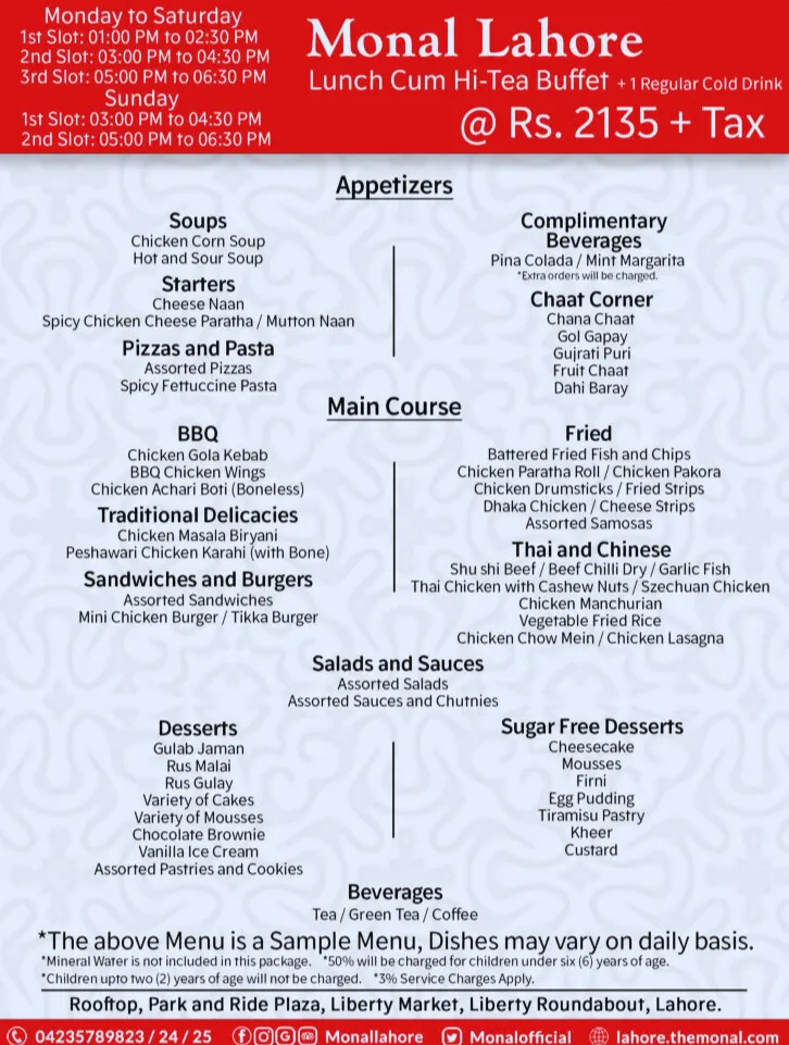 Monal Restaurant Menu Lahore hi tea